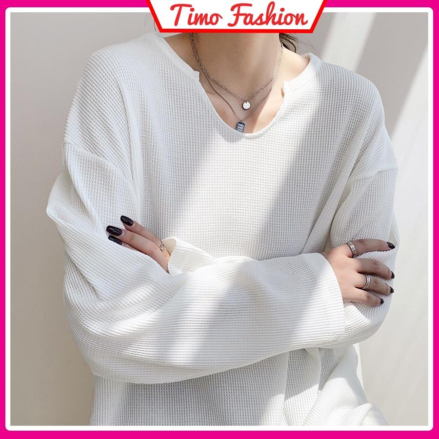 Áo thun tay dài nữ, áo dài tay nữ cổ khoét giọt lệ chất len tổ ong form rộng oversize ulzzang Hàn Quốc cá tính, AO010