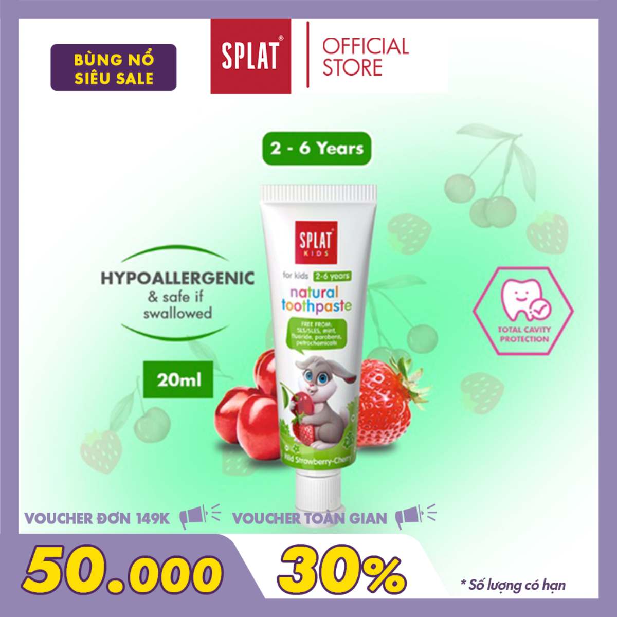 Kem Đánh Răng Cho Bé Từ 2-6 Tuổi SPLAT Kids Vị Dâu Rừng Và Cherry Bổ Sung Canxi Ngăn Mảng Bám, Sâu Răng 20ml