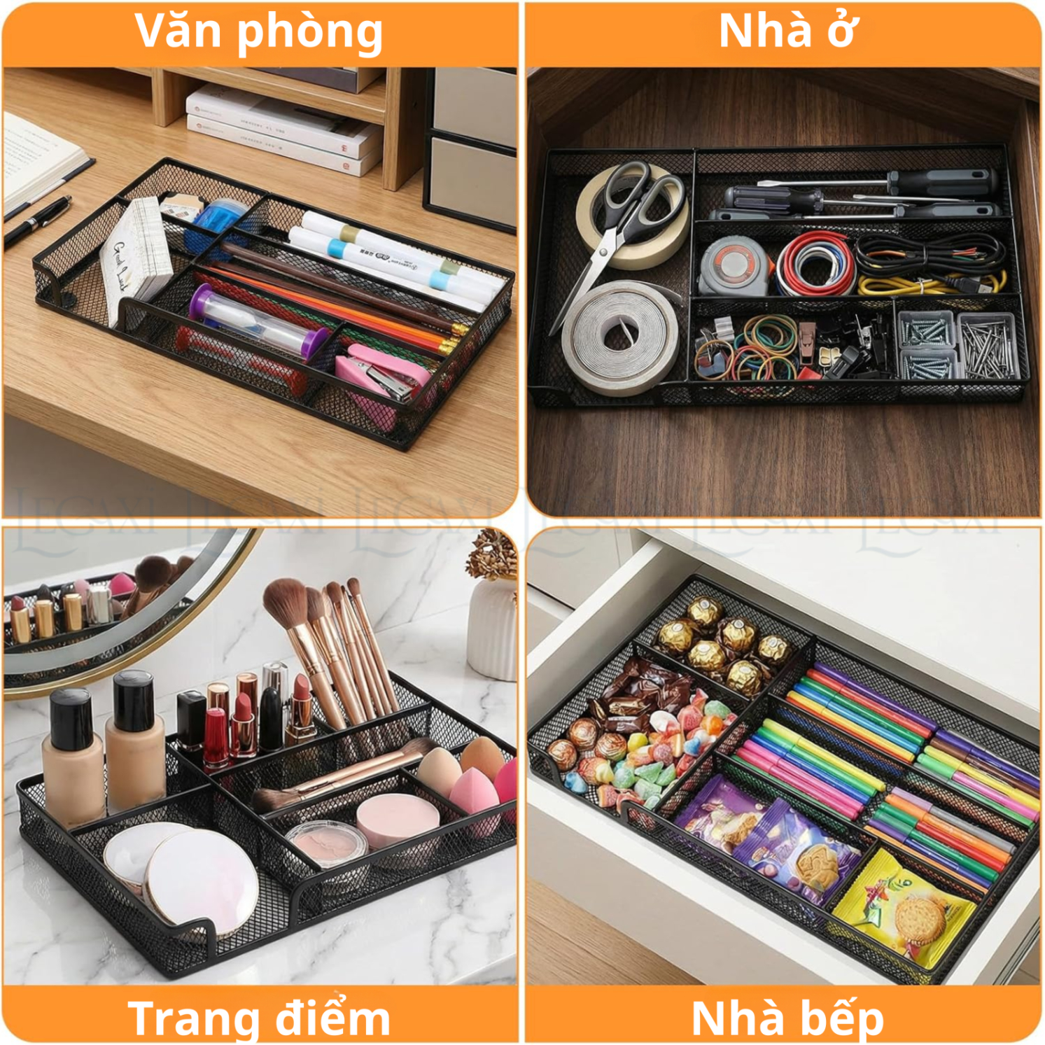 Khay Đựng Bút Tẩy Thước, Dụng Cụ Văn Phòng, Mỹ Phẩm, Trang Sức 6 Ngăn Bằng Lưới Sắt Văn Phòng Phẩm