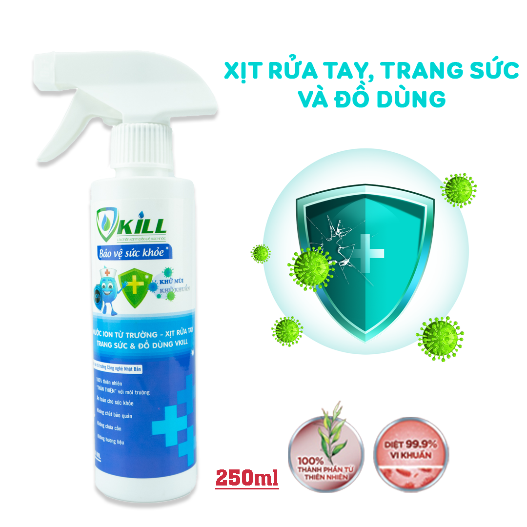 Nước rửa tay đánh bóng trang sức vàng bạc Vkill 250ml khử khuẩn làm sạch nhanh với ion từ trường