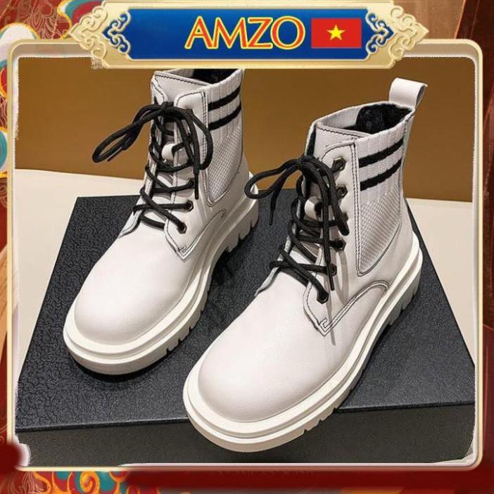 Freeship Giày bốt cổ thấp Martin cho nữ, boots cổ thấp có dây màu đen cổ tròn phối len