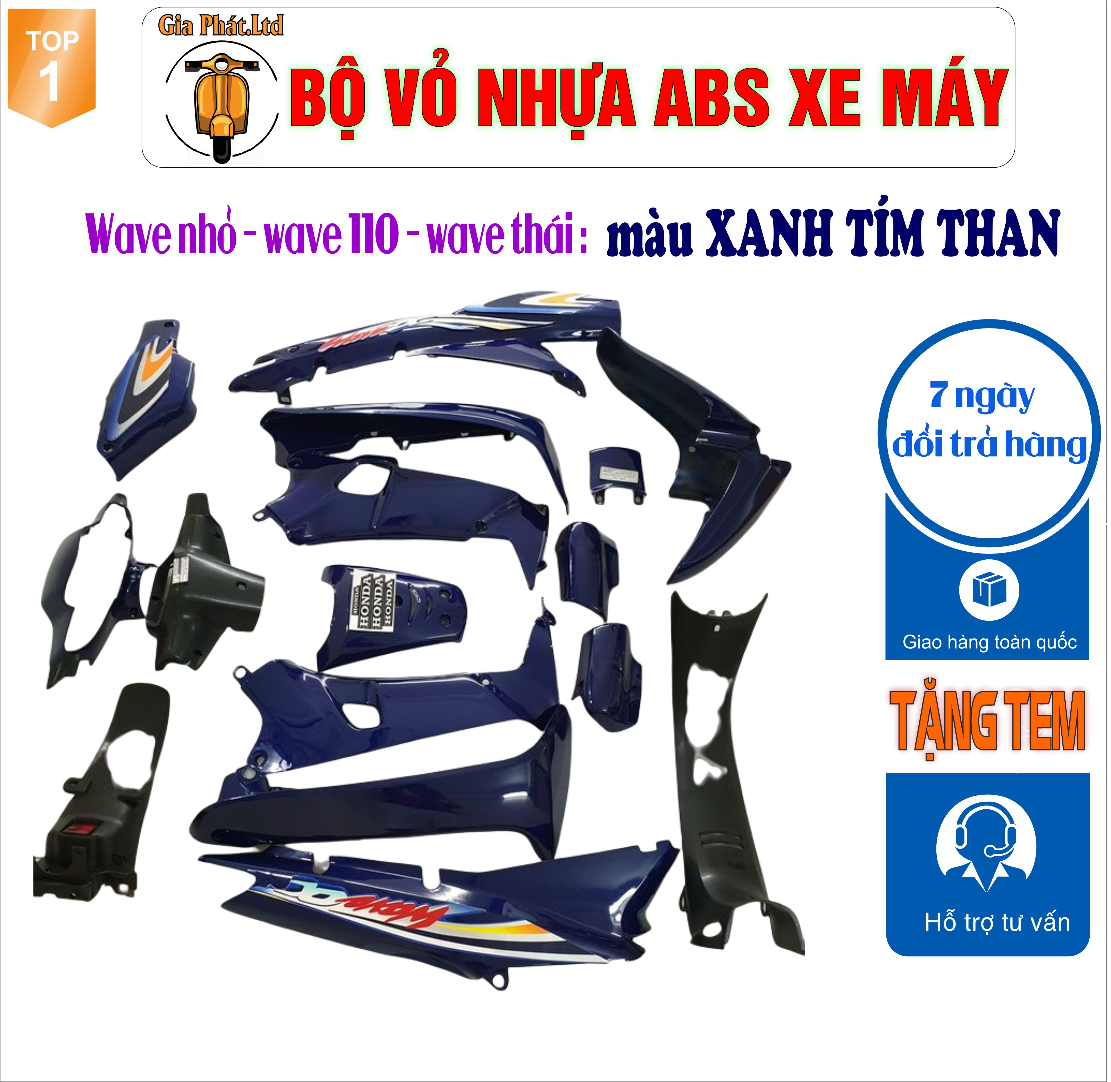 [TẶNG TEM] Bộ vỏ nhựa Màu XANH TÍM THAN cho xe Wave 110 - Wave Thái - Wave Zx đời 1997 đến 2006- TKB-537(8023)