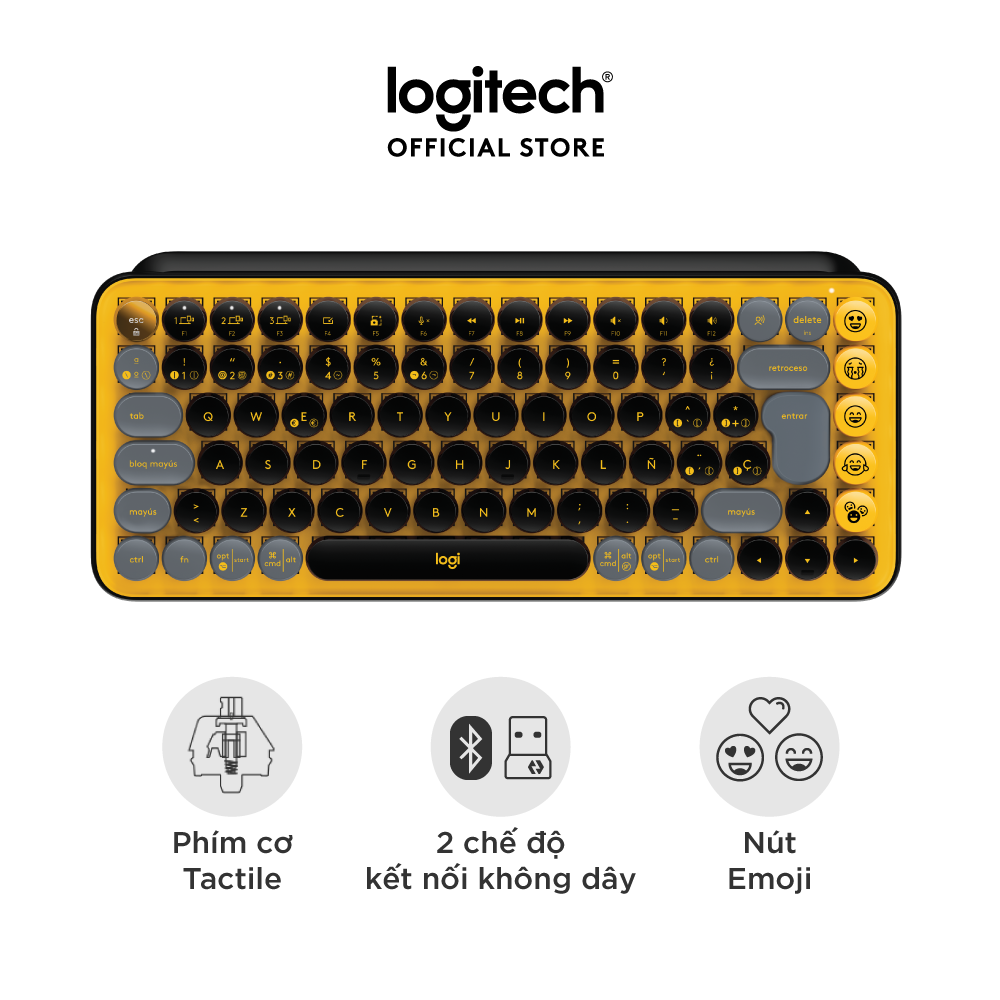 Bàn phím cơ không dây bluetooth | USB Logitech POP KEYS - với 8 phím emoji có thể điều chỉnh, switch tactile, kết nối 3 thiết bị - Màu Vàng Đen -  Hàng chính hãng