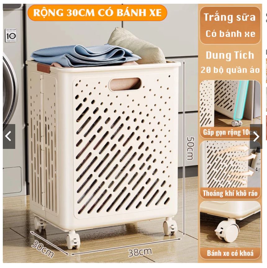 Giỏ Đựng Quần Áo Cao Cấp Gấp Gọn Tiện Dụng Có Bánh Xe Cỡ Lớn 50x30x38cm