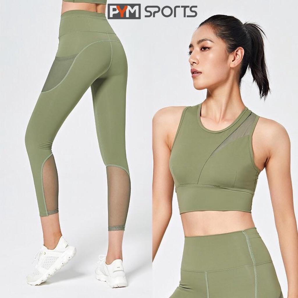 Set bộ đồ tập gym - tập yoga gồm bra và quần legging pha lưới PYMS008