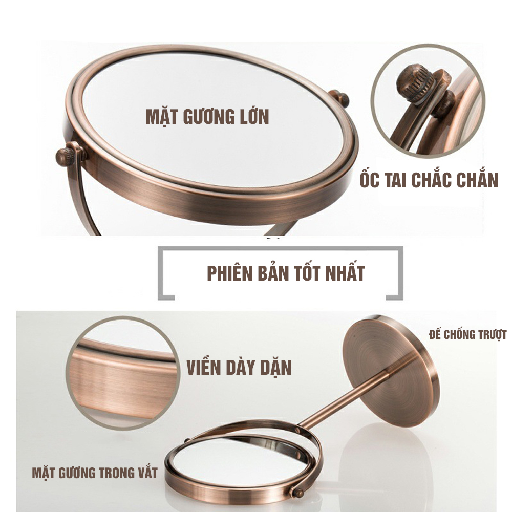 Gương trang điểm để bàn Đồng đỏ Copper, phóng đại zoom x3, 2 mặt xoay siêu nét Minh House