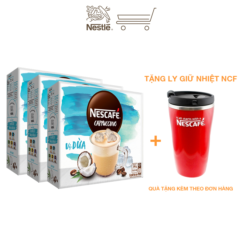 [Tặng ly 2 lớp tiện lợi] Combo 3 hộp cà phê hòa tan Nescafé Cappuccino vị dừa (Hộp 10 gói x 20g)