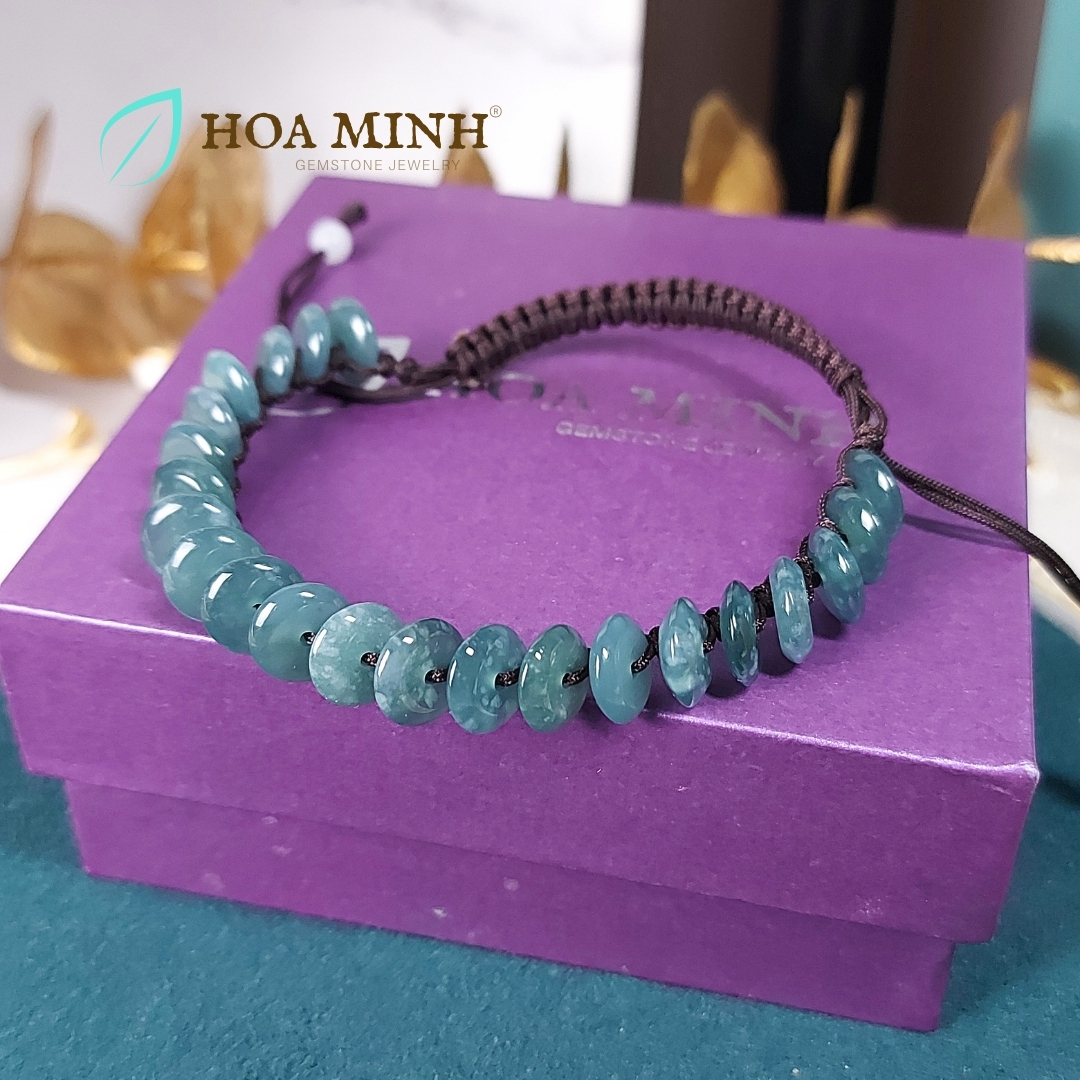 Vòng tay chỉ handmade thắt đồng điếu Cẩm Thạch Lam Ngọc size 8 li vừa mọi ni tay phong thủy may mắn, hạnh phúc