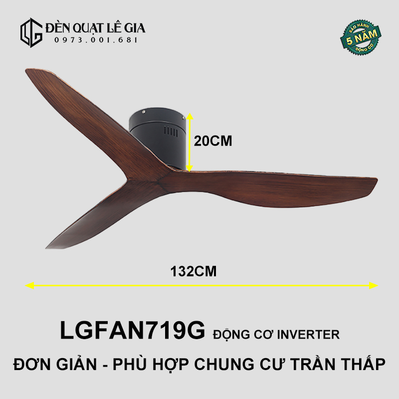 Quạt Trần Sát Trần Lê Gia LGFAN719G - Gỗ Óc Chó | Quạt Trần Indochine