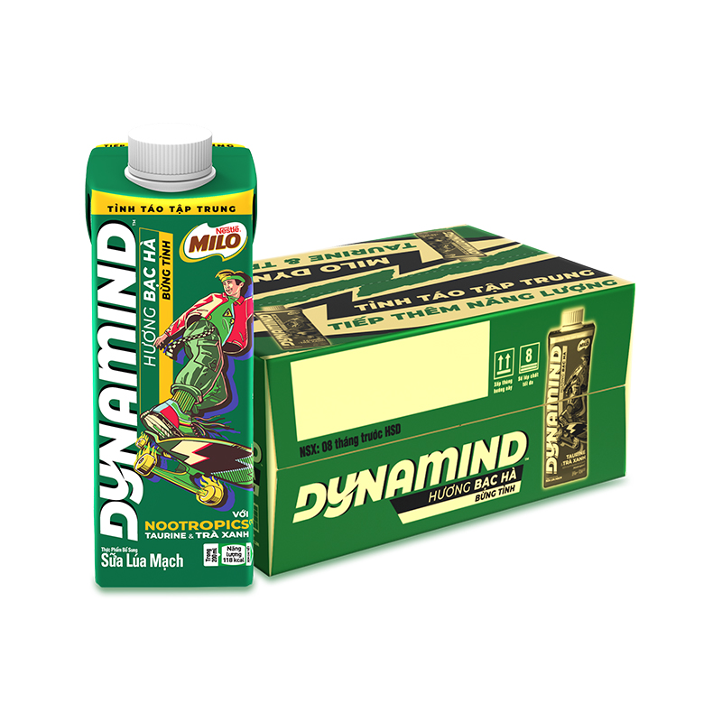 [Tặng Túi Đeo Chéo Bao Tử Milo] Sữa lúa mạch MILO Dynamind Taurine Trà Xanh thùng 24 hộp x 200 ml