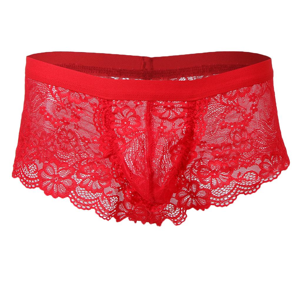 Sexy Men sheer Lace See Through Panties Briefs Underwear Lingerie Red