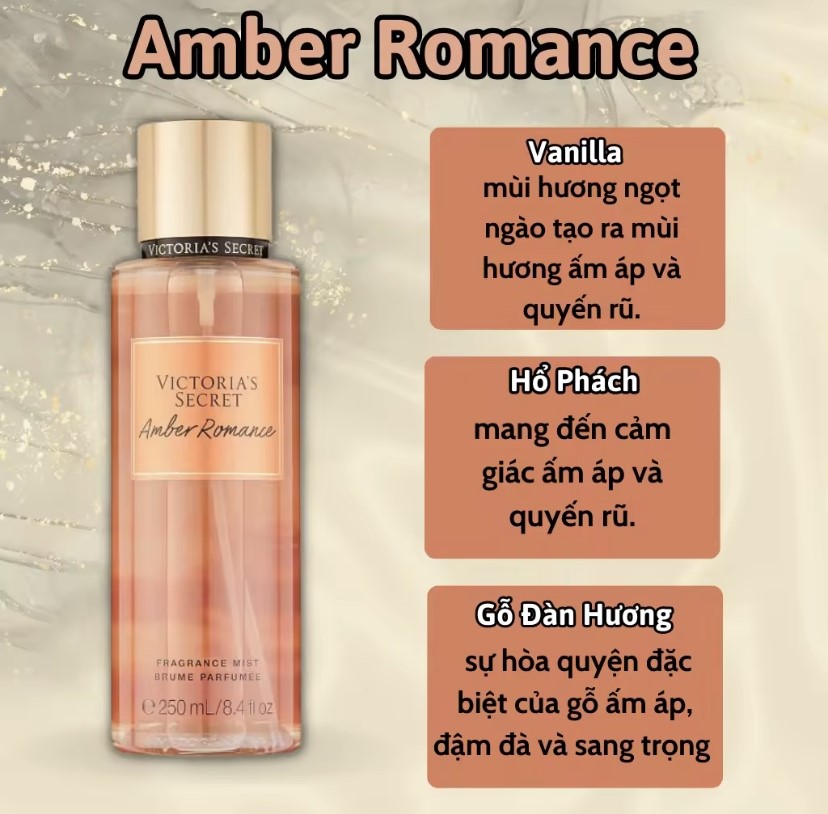 Victoria Secret Amber Romance - Dưỡng Thể Trắng Da Victoria Secret 236ml - Body mist Victoria Secret 250ml