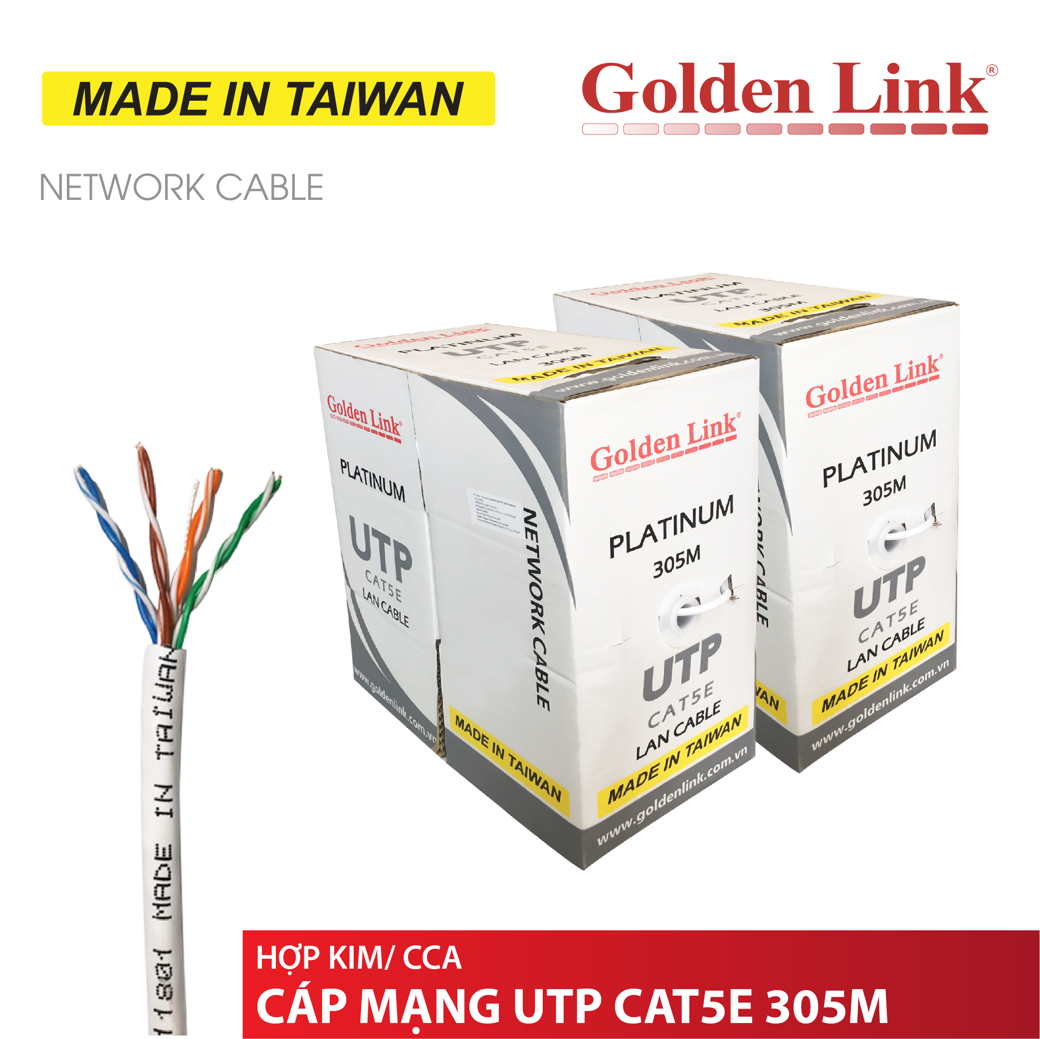 Cáp Mạng CAT5E UTP CCA Golden Link -100MHz – 3m - 305m - Hàng chính hãng