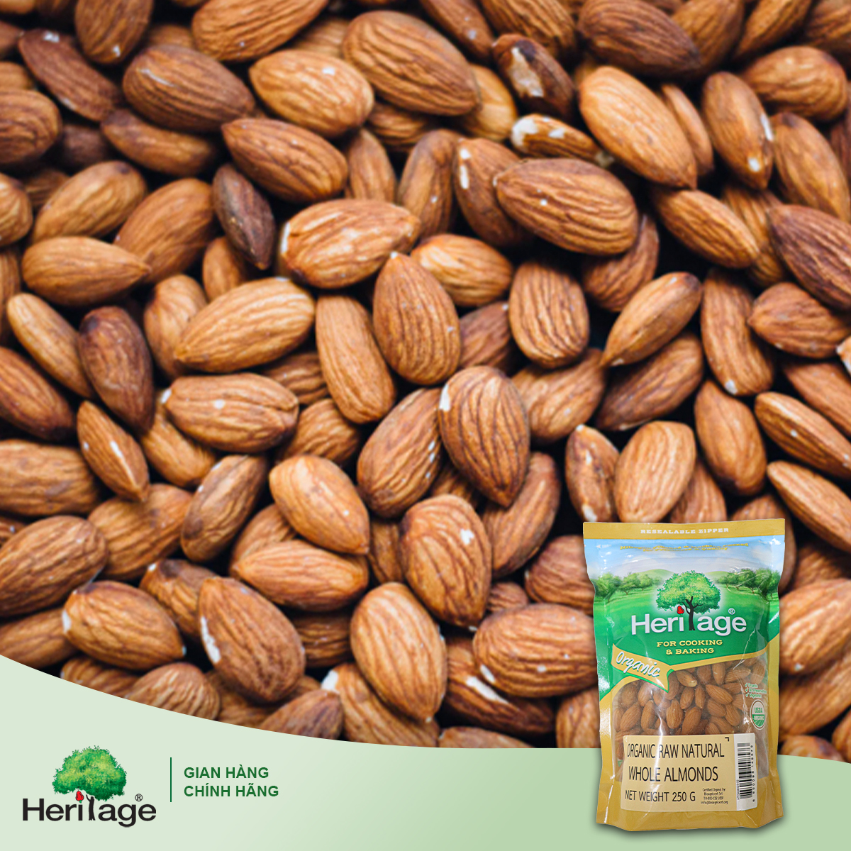 HẠNH NHÂN HỮU CƠ NGUYÊN HẠT- OGANIC RAW NATUAL WHOLE ALMONDS - 250gr