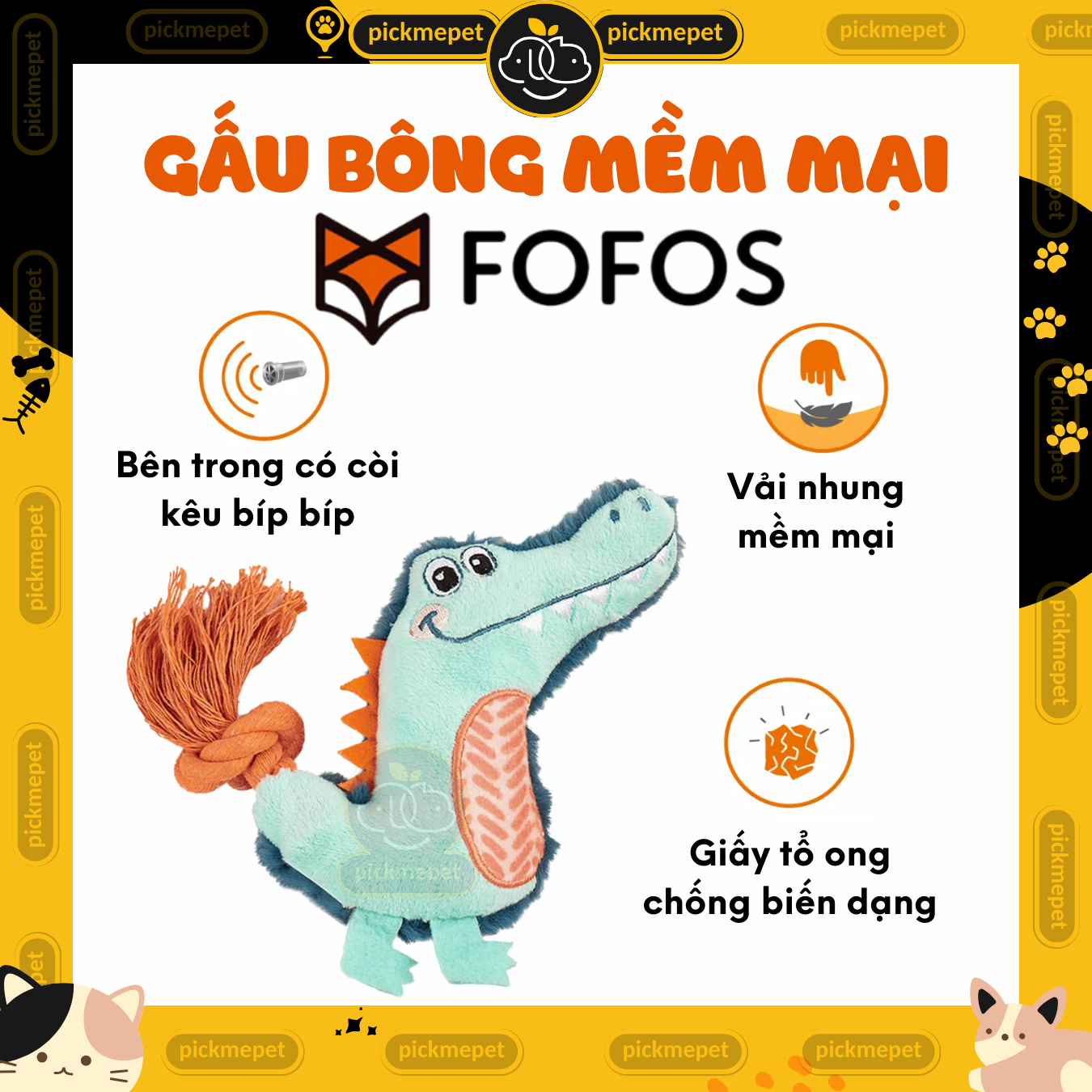 Đồ chơi cho chó FOFOS, Đồ chơi nhai gặm hình cá sấu, Tiếng kêu vui nhộn, Giúp làm sạch răng nướu chó, Vải nhung mềm mại