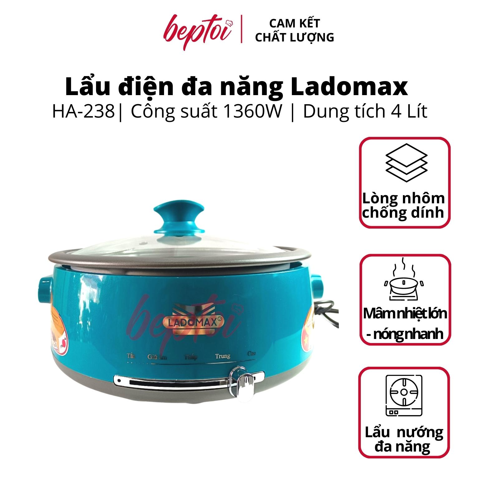 Nồi lẩu điện đa năng, bếp lẩu mini dung tích 4 Lít công suất 1360W Ladomax HA-238 - Hàng chính hãng