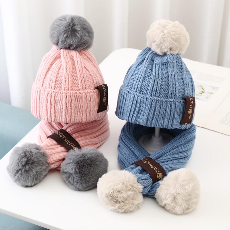 Trẻ Em Mùa Đông Khăn Choàng + Nón Bộ Trẻ Em Sọc Dệt Kim Beanies Với Sang Trọng Cho Bé Trai Và Bé Gái Khăn Giữ Ấm Mũ Lưỡi Trai với Bộ Lông Pompom