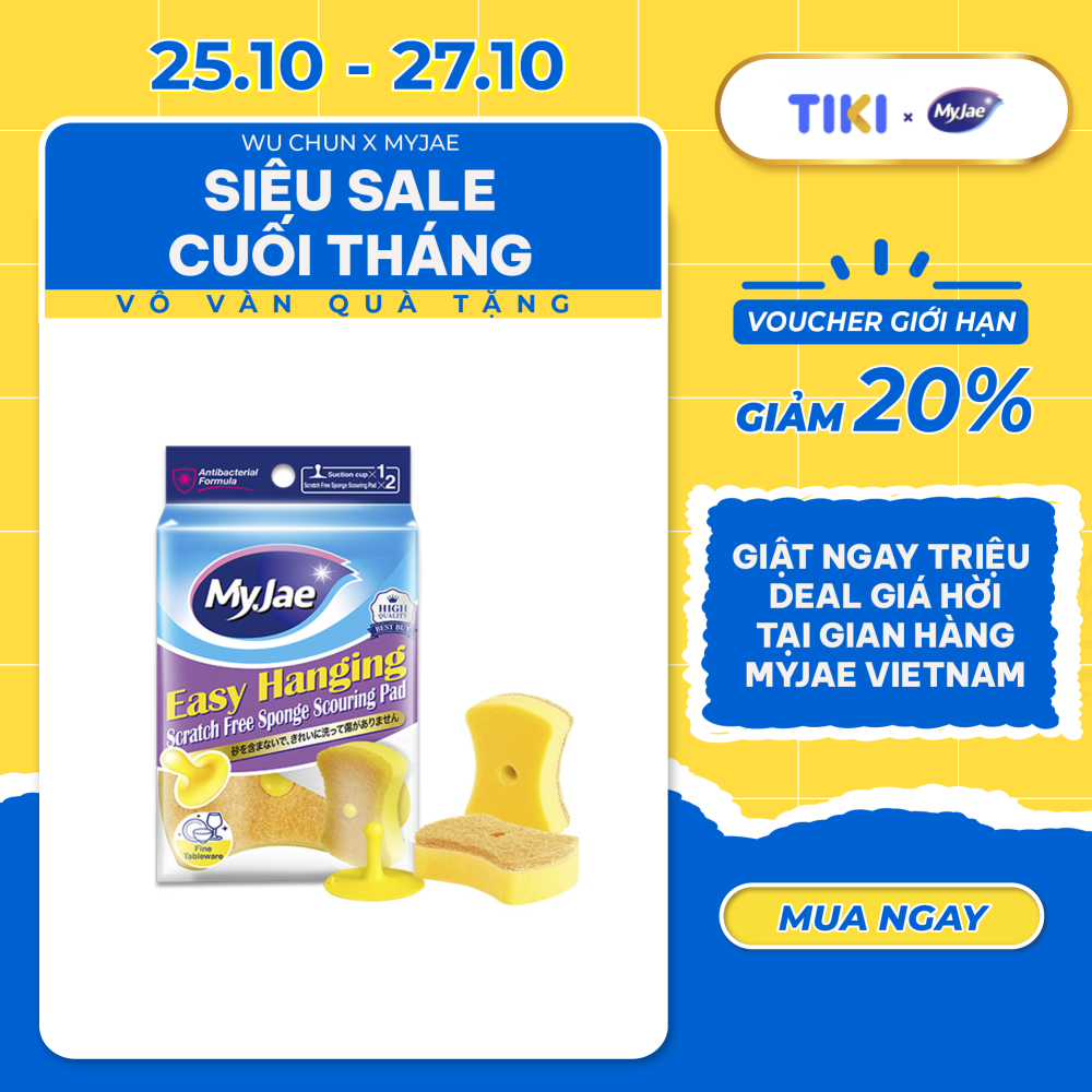 Miếng Bọt Biển Rửa Chén MyJae 2 Mặt, Mút Xốp Rửa Bát Đa Năng Kèm Miếng Nhựa Hít Kê  11.3cm x 7.8cm x 3cm  (2 Miếng/Gói)