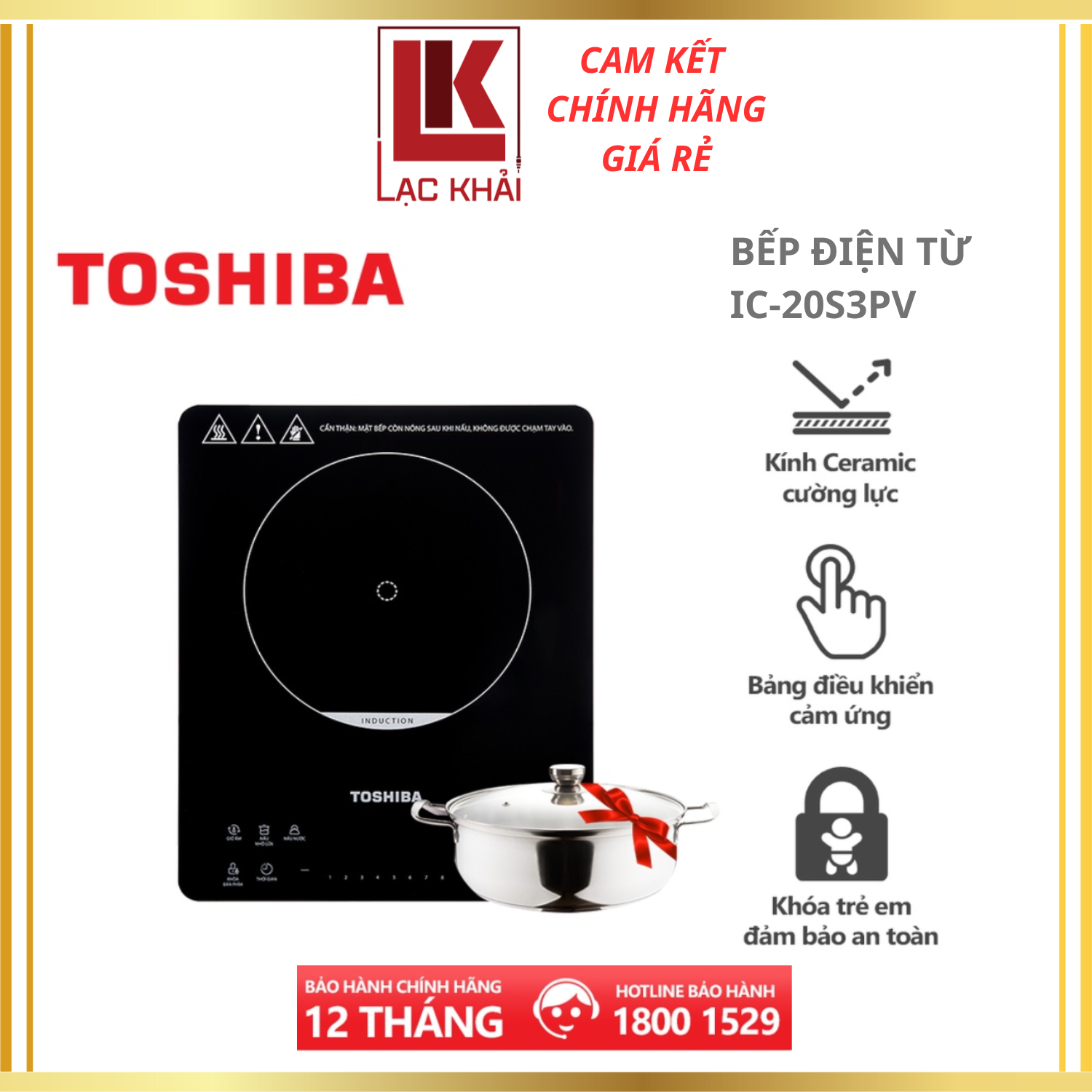 Bếp Điện Từ Toshiba IC-20S3PV - Cảm ứng, tặng Nồi Lẩu Inox cao cấp 2 lớp, 6 chế độ nấu-Hàng chính hãng, bảo hành 12 tháng
