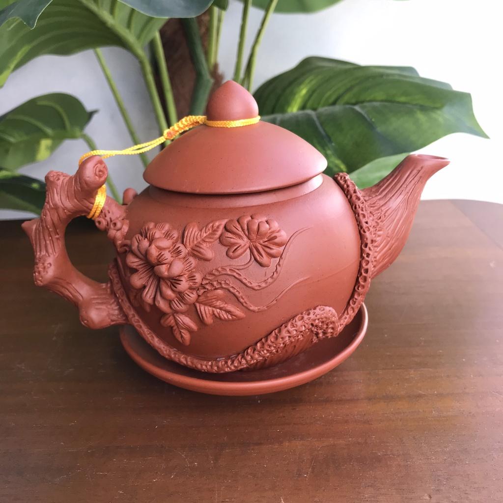 Bộ ấm chén trà Tử sa Bát Tràng Hoa Phù Dung đỏ 400ml