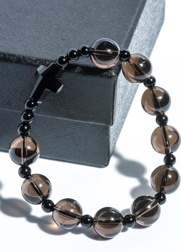 Vòng Chuỗi Mân Côi Thạch anh Khói 10mm mix Mã Não đen và Thánh Giá pha lê SMO02 - VIETGEMSTONES