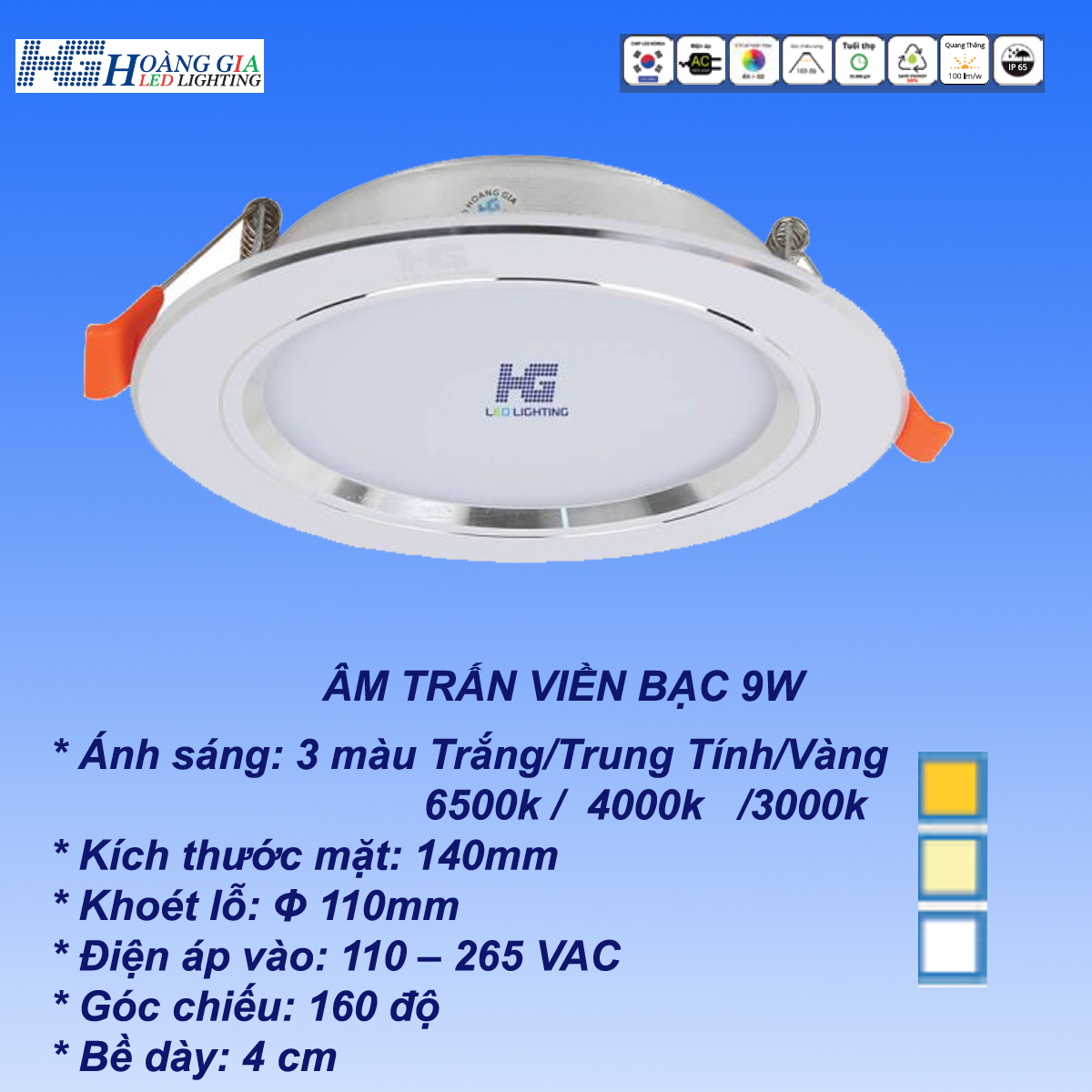 Đèn led âm trần viền vàng 9w 2 màu 3 chế độ