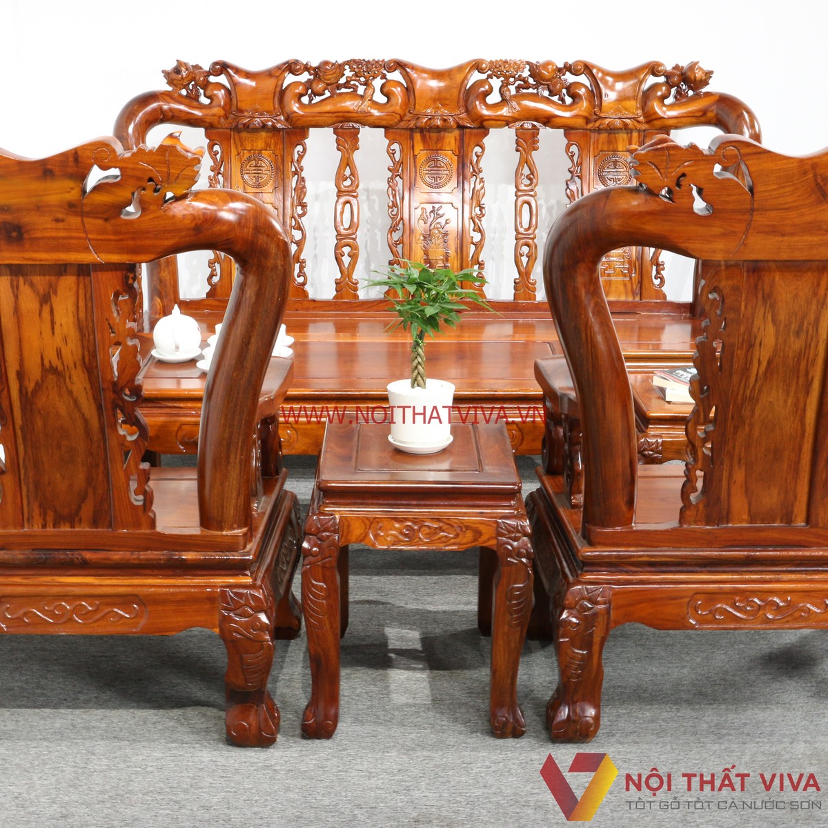 Bộ Bàn Ghế Salon Gỗ Hương Chạm Đào 6 Món Tay 10