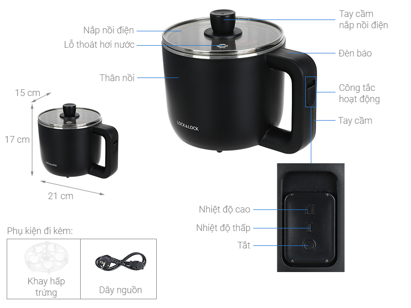 Nồi điện đa năng Lock&Lock EJP116BLK 0.8L - Hàng chính hãng, nấu mì nấu lẩu nấu nước, tặng kèm khay hấp trứng - Hapos