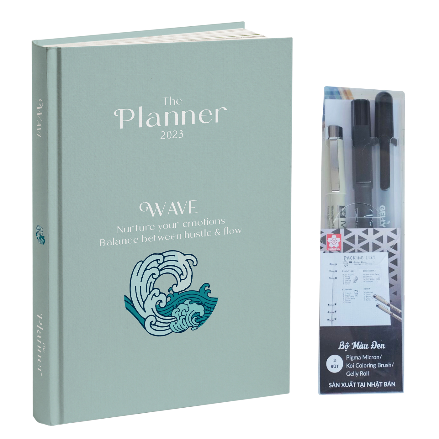 Combo Sổ Planner 2023 và Bộ 3 bút vẽ Sakura Bullet Journal theo tone màu