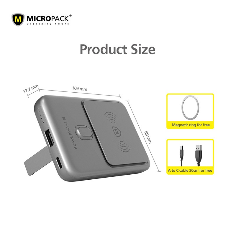 Pin Sạc Dự Phòng Không Dây MicroPack POWER WAVE III WPB-1015M Dung Lượng 10000mAh Công Suất PD 22.5W Không Dây 15W Hàng Chính Hãng