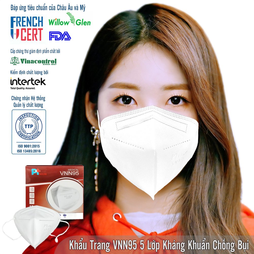 Khẩu Trang VN N95 PT Mask, 5 Lớp, kháng Khuẩn, Chống Bụi Siêu Mịn PM2.5, Màu Trắng - Một Hộp Gồm 10 Cái, Đạt Các Chứng Chỉ ISO 13485, ISO 9001, CE, FDA, TGA.