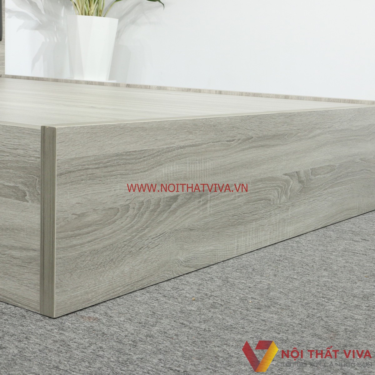 Giường Ngủ Gỗ MDF Melamine Màu Xám Vân Gỗ Có Đầu Nệm Đen Đẹp Hiện Đại