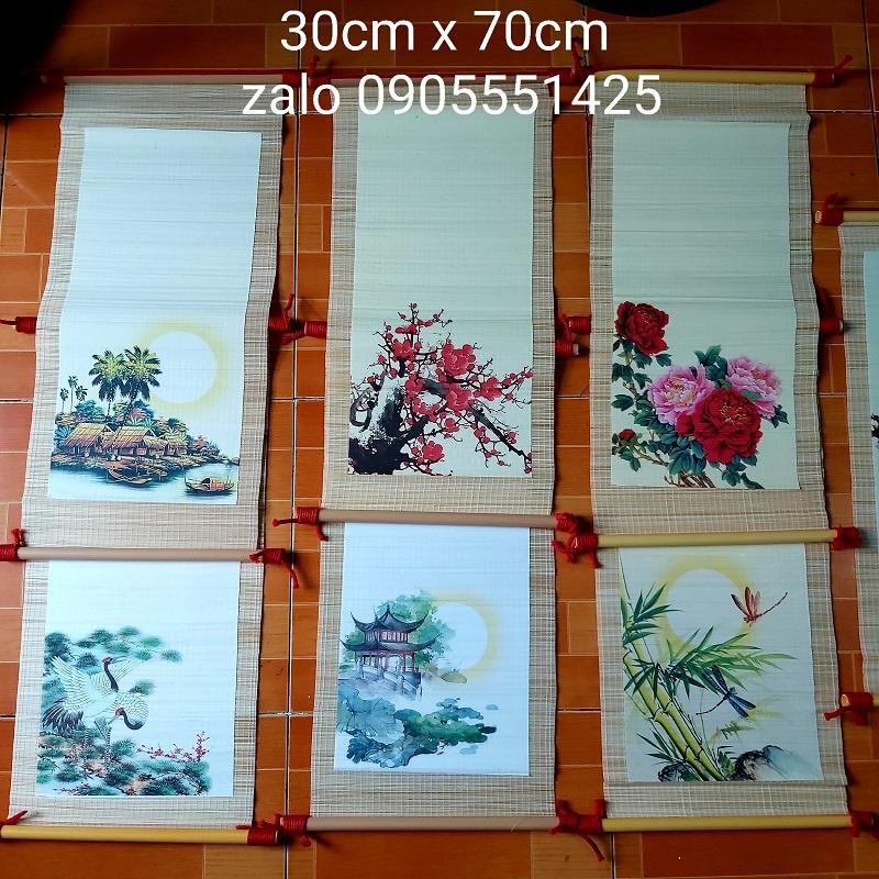 Bộ 4 mành tre viết thư pháp có  cảnh kích thước 30cm x 70cm