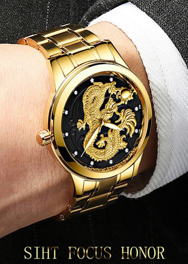 Đồng hồ thời trang nam đồng hồ nam rồng vàng chạm nổi 3D