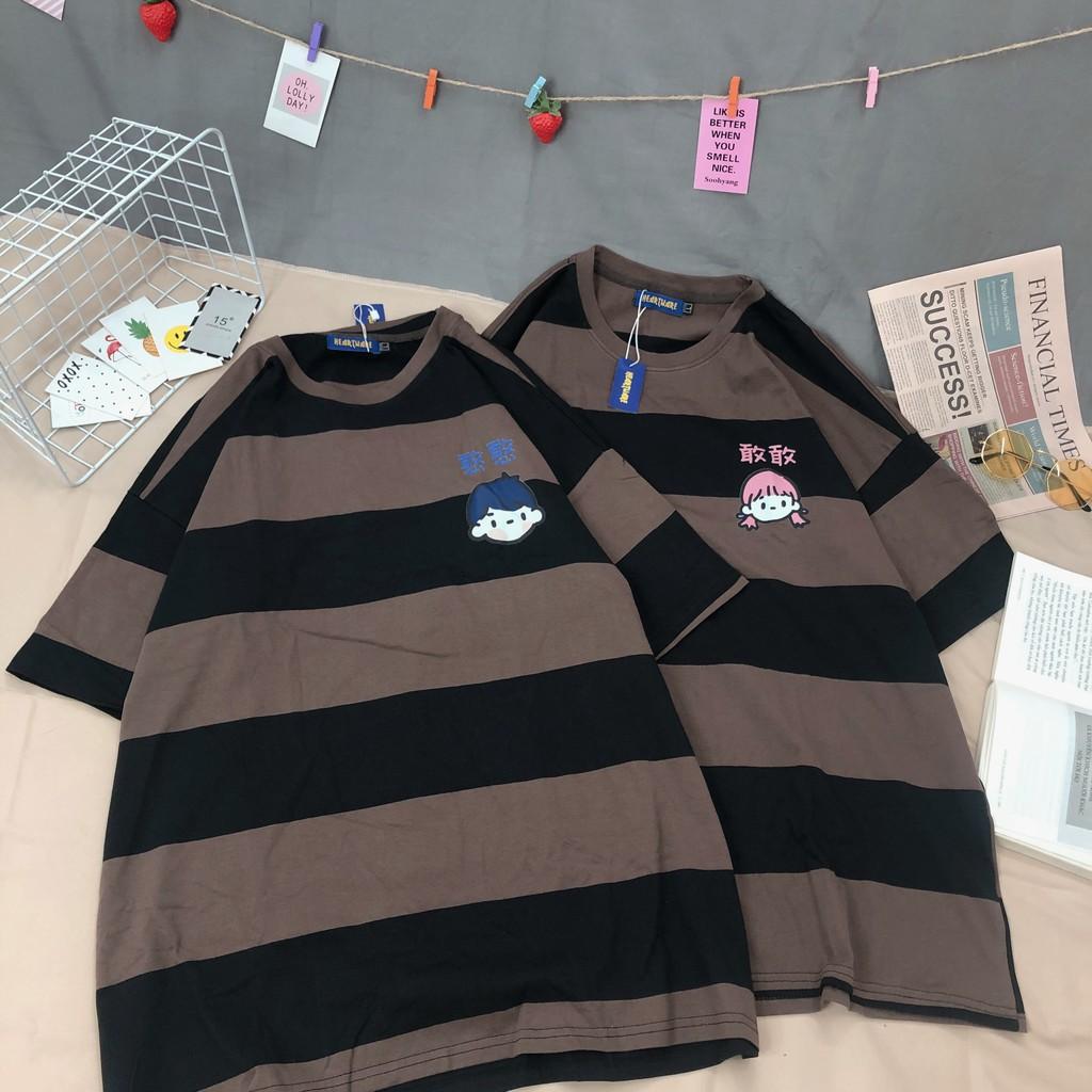 Áo thun cotton tay lỡ kẻ nâu đen in Bé - ẢNH THẬT