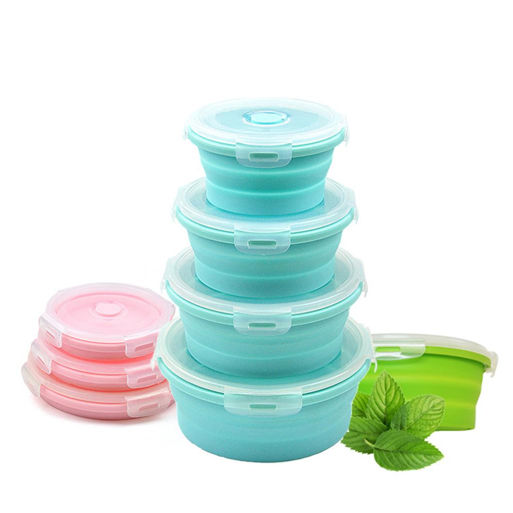 Round Lunch Container Food Grade Silicone Storage Collapsible Bowl with Airtight Lids Microwave Refrigerator Freezer Safe