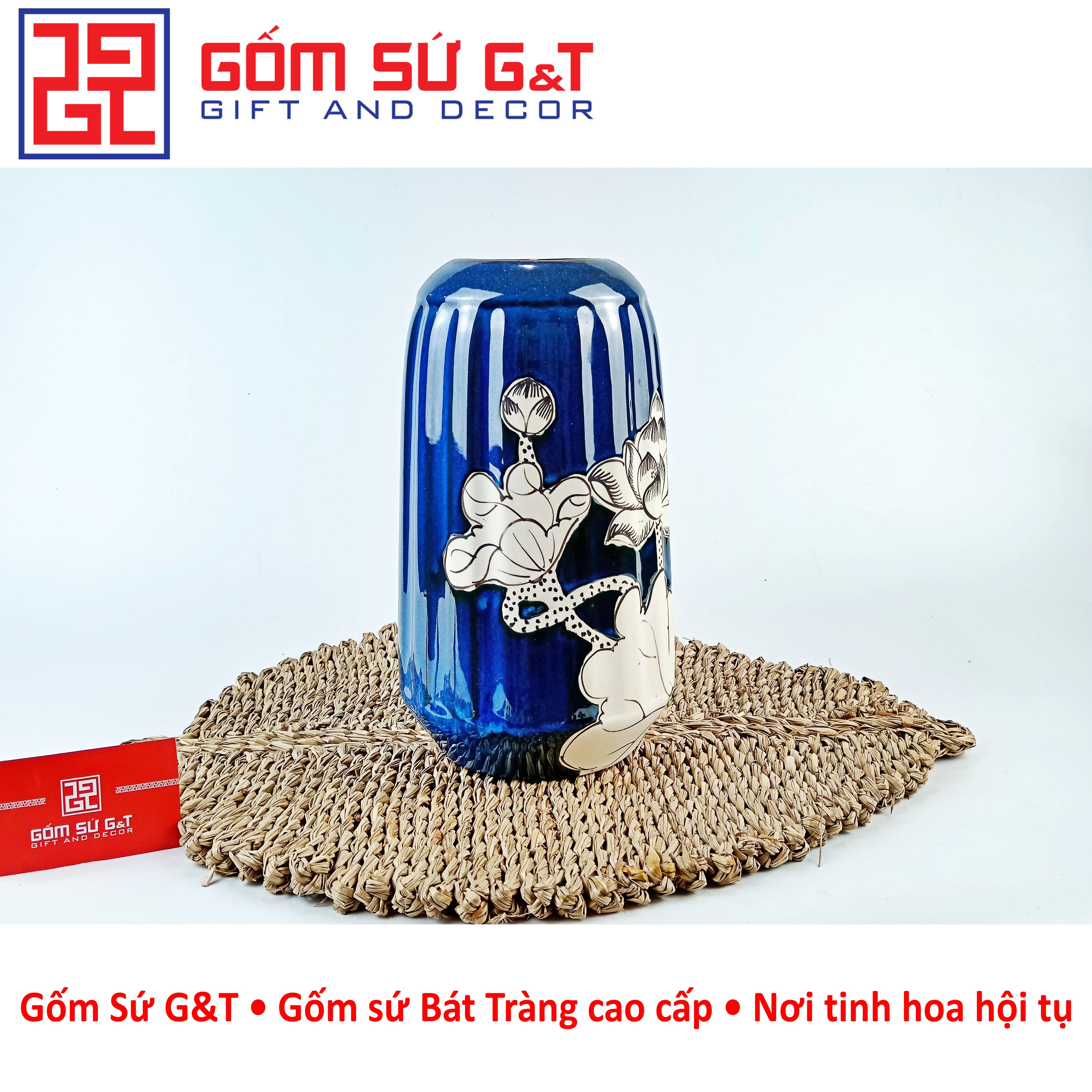 Lọ hoa men hỏa biến lá dứa miệng thấp vẽ sen Gốm Sứ G&amp;T