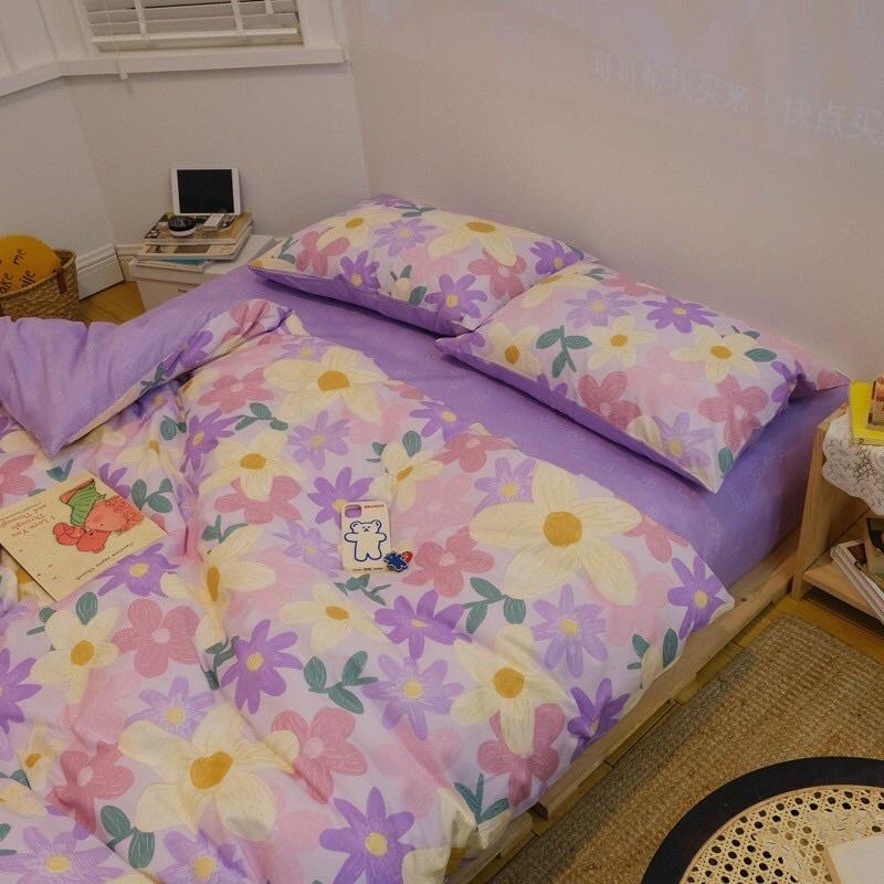 Set Ga Gối Cotton Living 100%cottonHàng Nhập Khẩu Cao Cấp 4 Món Hoa Tím