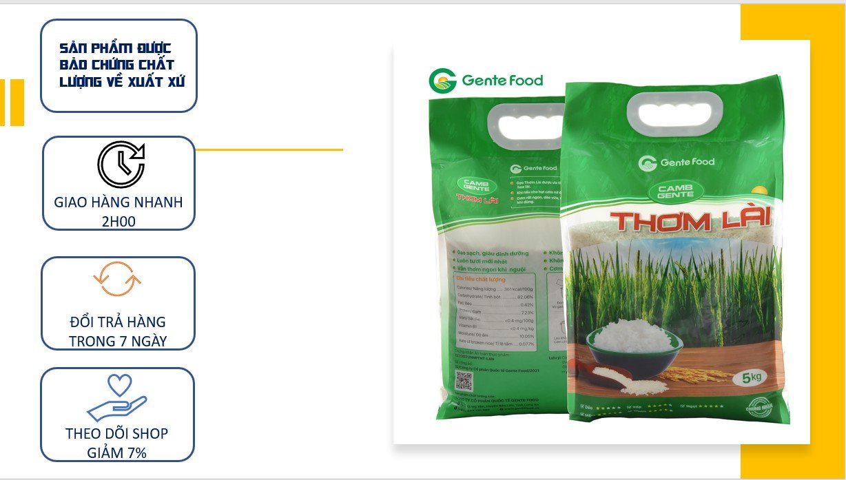 Gạo Thơm Lài Gente Food túi 2kg