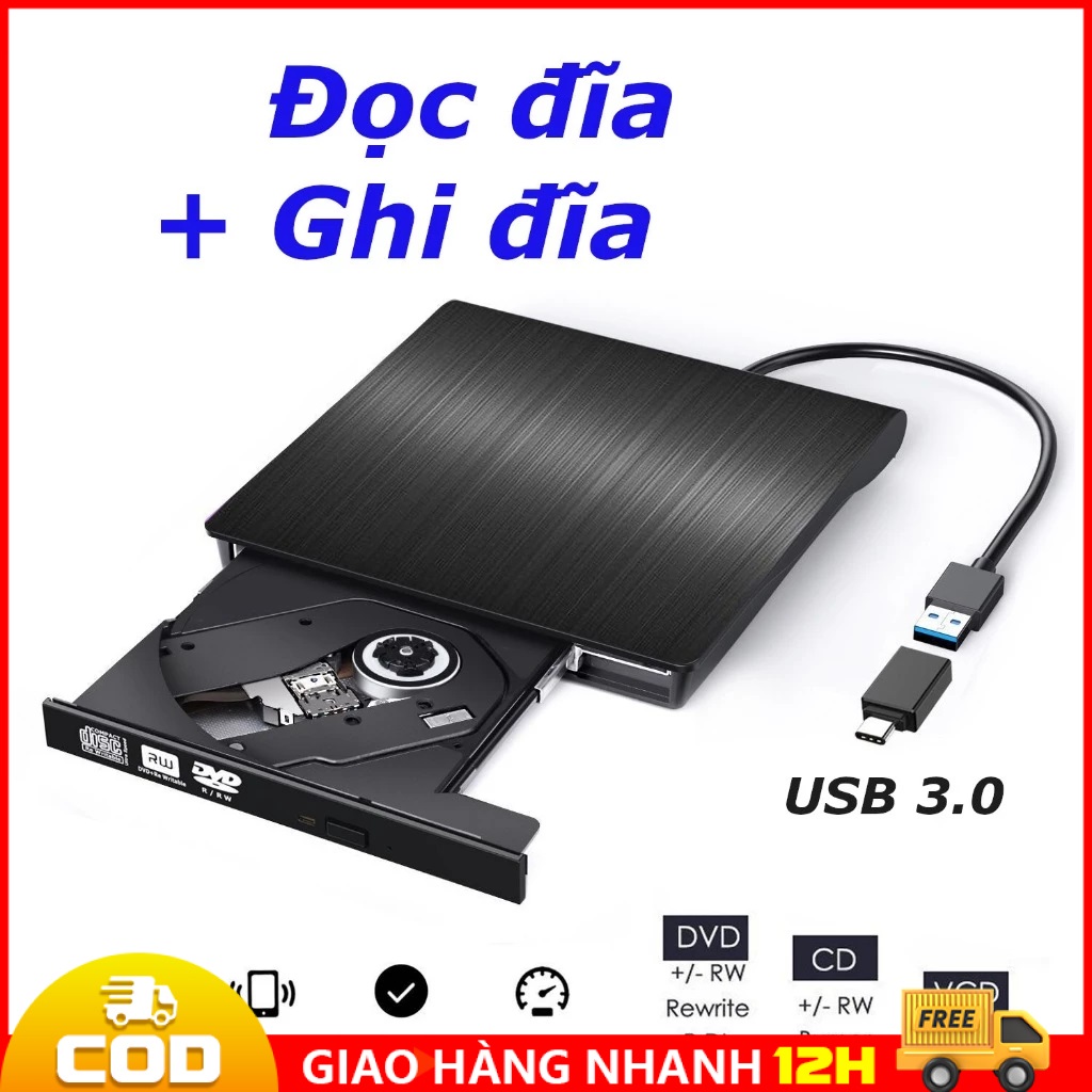 Ổ đĩa dvd gắn ngoài qua cổng USB 3.0 &amp; Type C tiện lợi dùng được cho laptop và máy bàn PC, không kén đĩa