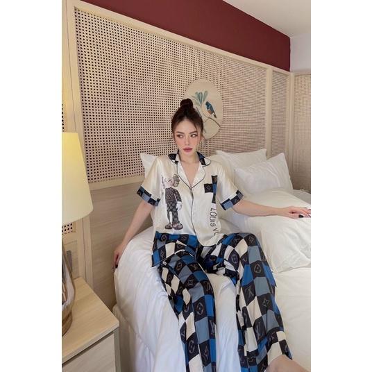 Bộ Ngủ Nữ Lụa Mặc Nhà Dễ Thương, Pijama Lụa Mango Cộc Tay Quần Dài Kiểu Dáng Hàn Quốc Cao Cấp
