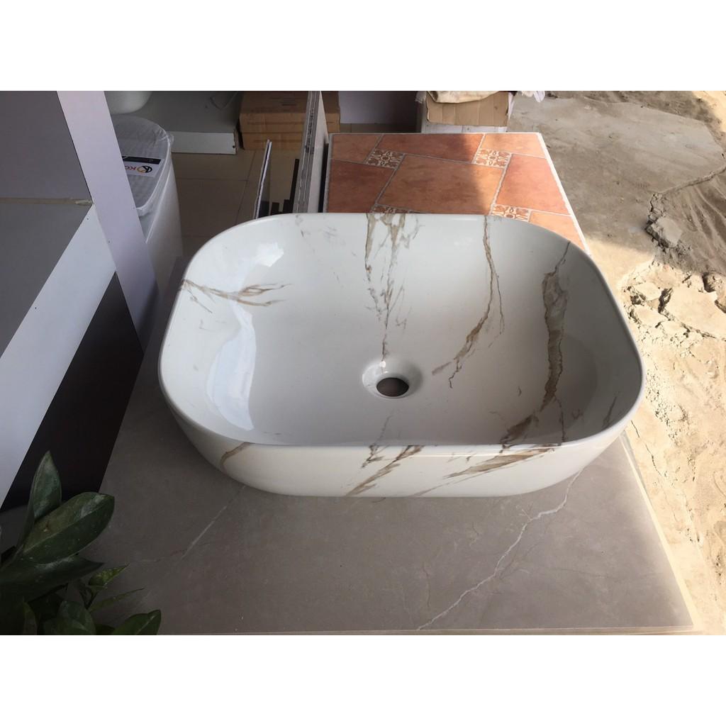 Chậu lavabo rửa mặt đặt bàn đá vuông bo tròn cạnh, viền mỏng vân khói marble