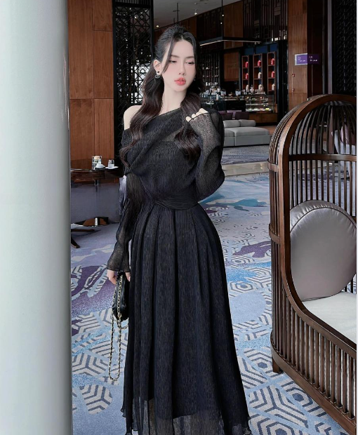 Set Đầm Thiết Kế Lệch Vai MAY HT25 Màu Đen - Set Đầm Dự Tiệc Sang Trọng Chuẩn MAY