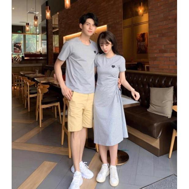 Áo đôi: Đầm thun rút dây một bên eo + Áo thun nam cổ tròn