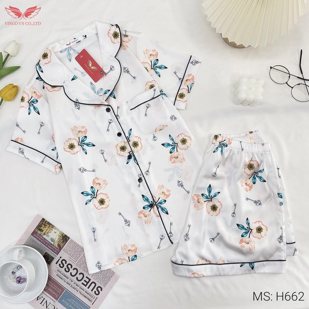 Bộ Pijama nữ mặc nhà lụa Pháp VINGO áo cộc tay quần đùi mát mặc nhà mùa Hè hoạ tiết hoa hồng trắng ngọt ngào H662 VNGO