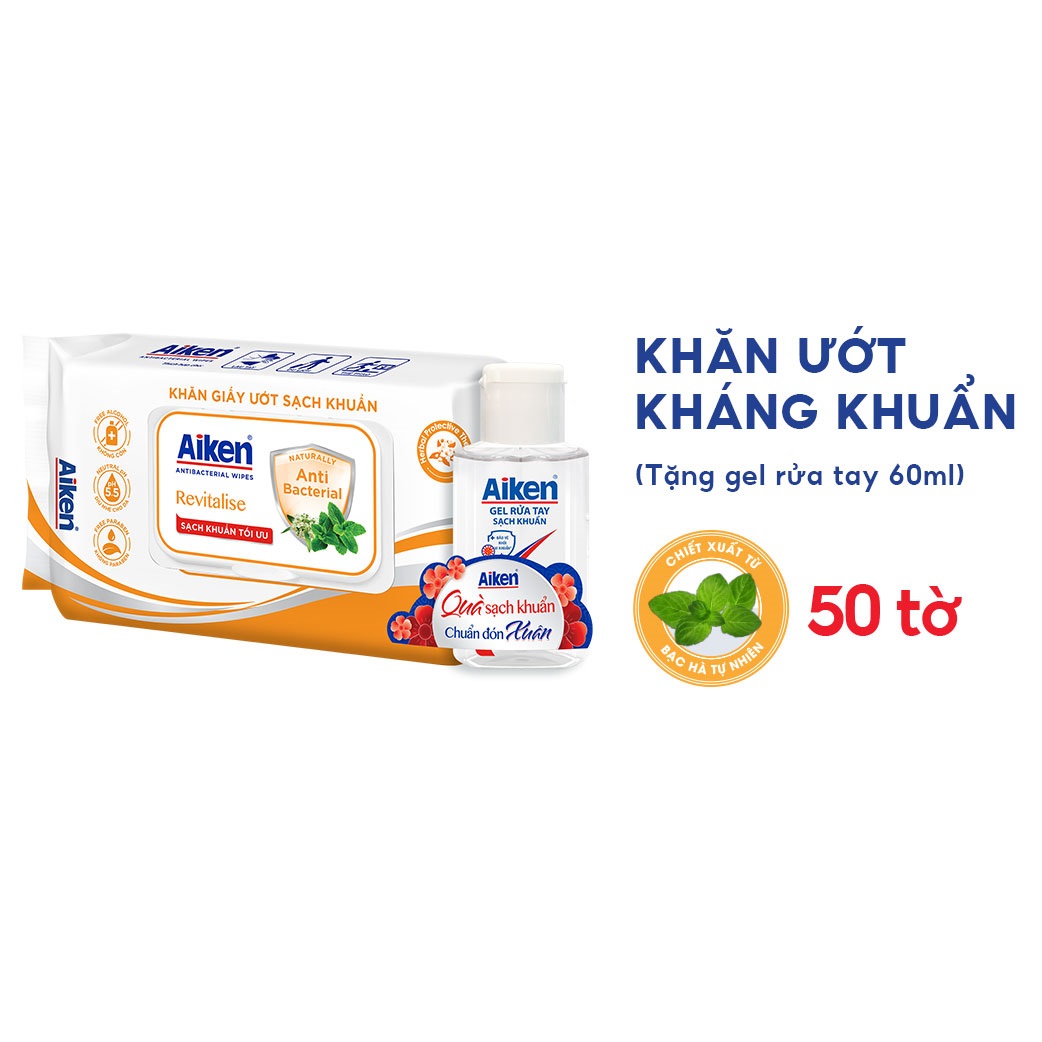 Khăn ướt sạch khuẩn Aiken chiết xuất bạc hà 50 tờ - Tặng Gel rửa tay 60ml