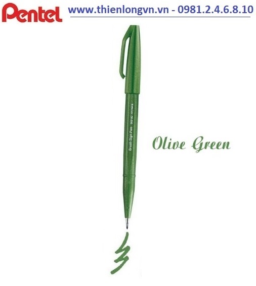 Bút lông viết thư pháp hiện đại Pentel SES15C-D2X xanh ô liu; Calligraphy Fude Touch Sign - Olive green