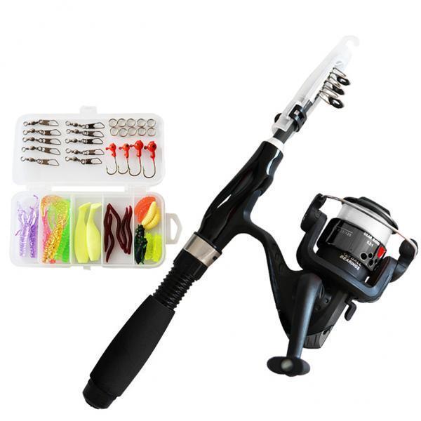 2xTelescopic Fishing Pole Reel Children Reel Youth Tackle Box Black
