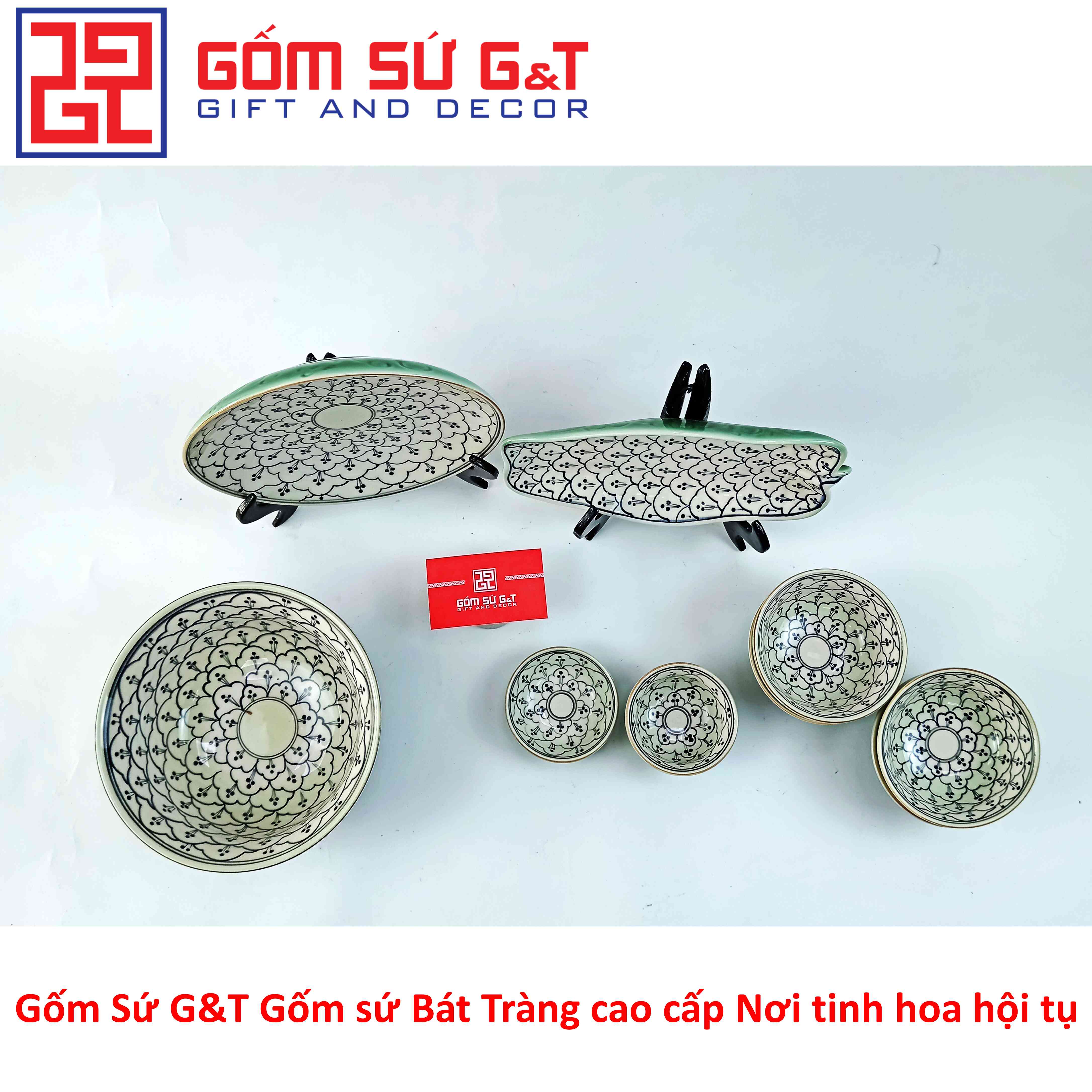 Bộ đồ ăn 4 người men xanh đồng vẽ hoa bèo Gốm Sứ G&amp;T