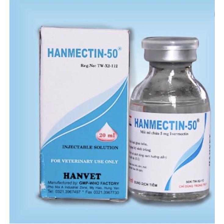 1 lọ HANMECTIN-50 loại 20 ml Dùng cho bọ chét, mòng, ve, tích, ghẻ, chấy, rận, ruồi, muỗi, giòi ngoại ký sinh.